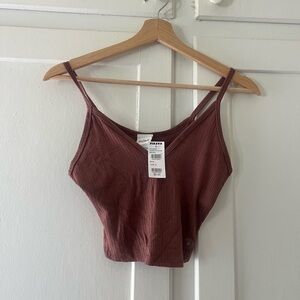 Destined Brown Ribbed Crop Tank Top Spaghetti Strap V-Neck NWT Size S
